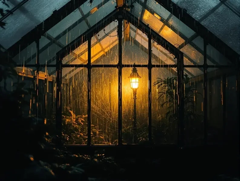 悬疑推理 - 免费电影网 悬疑推理主题配图,雨夜旧玻璃温室里透出的暖黄灯光